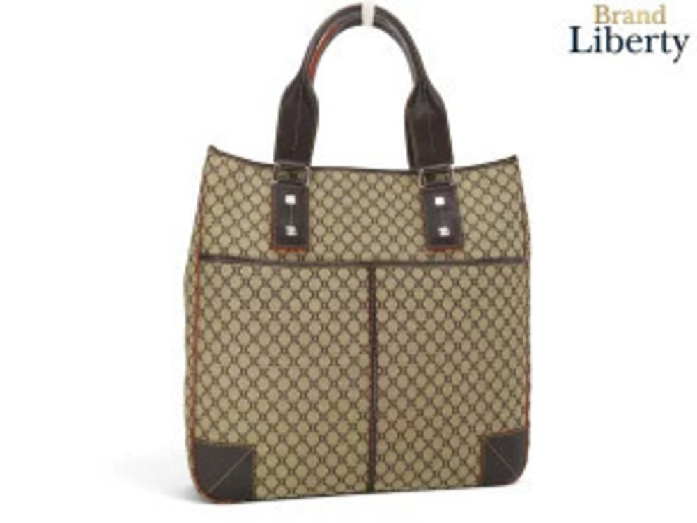 Celine Macadam Tote Bag Handbag Beige Dark Brown Orange Canvas Leather
